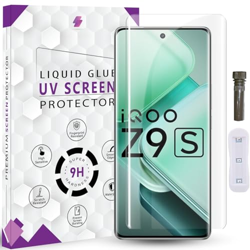 Image of Advanced HD+ UV Tempered Glass Screen Protector For VIvo iQOO Z9s 5G / iQOO Z9s Pro 5G (6.77 Inch, Pack of 1) Full Adhesive UV Curved Screen Guard, Case Friendly