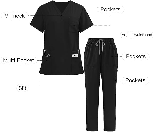 Work Uniform Scrubs for Men Set V Neck Scrub Top Straight Leg Elastic Cargo Pants Pockets - 4