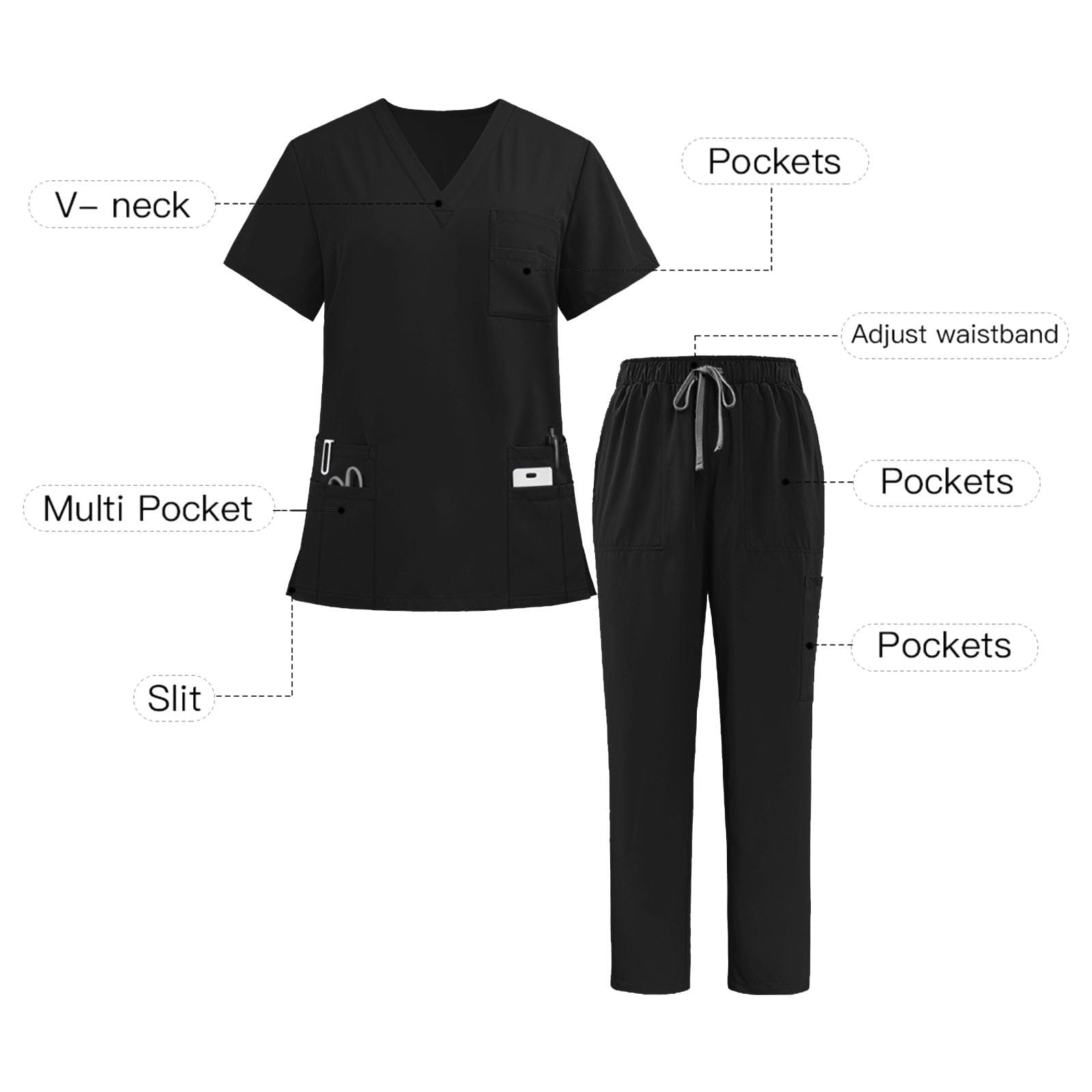 Work Uniform Scrubs for Men Set V Neck Scrub Top Straight Leg Elastic Cargo Pants Pockets — view 4