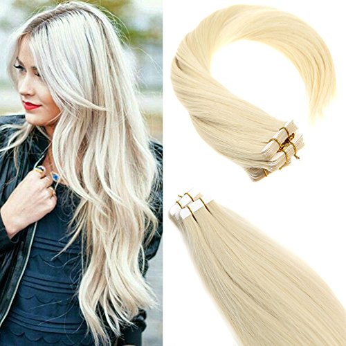 Sunny 16" Tape in Hair Extensions #60 Blonde Skin Weft Tape Hair Extensions 20Pcs Seamless Tape in Human Hair Extensions 50g