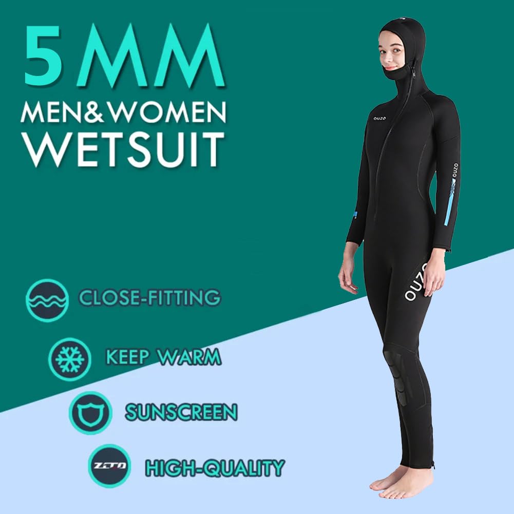 Combinaison De Plongée en Néoprène De 5Mm pour Femmes Et Hommes, avec Fermeture Éclair Frontale, Capuche Intégrée, Idéale pour La Pêche sous-Marine, La Plongée avec Tuba, Le Surf