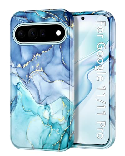 Btscase for Google Pixel 11 Pro Case/Pixel 11 Case 2026 [Military Grade Shockproof] Stylish Marble Pattern Slim Protective 3 Layers Hard PC+Soft Silicone Rugged Women Men Anti-Scratch Cover, Blue Cyan