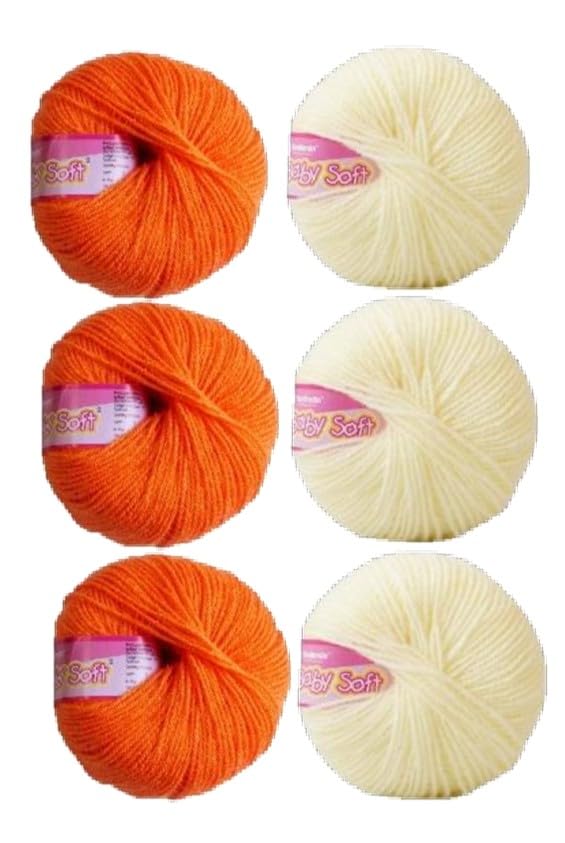 Image of Vardhman BabySoft Knitting Yarn | 100% Acrylic Wool | 4 Ply | Thin Knitting & Crocheting Hook Thread & Lightweight | Special Baby Wool | 150 Grams (6 Balls of 25g) | Machine Washable | Ideal for Blankets, Hats, Booties Ultra-Soft for Baby Sweaters, Blankets, Caps, Socks, Soft toys, Art & craft (Dark Orange No.90 & Cream No.42)