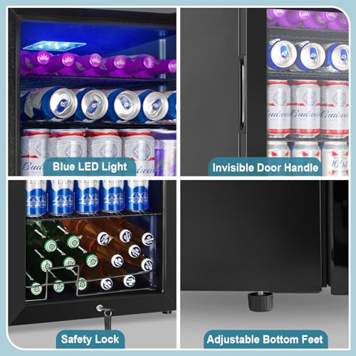 Image of Beverage Refrigerator Mini Fridge 128can 3.2Cu.Ft Glass Door Lock Dorm | 36dB Quiet Reversible Door,Digital Thermostat 34-64℉,Auto Defrost,Kitchen Office Bar Apartment,Compact LED,Adjustable Shelf