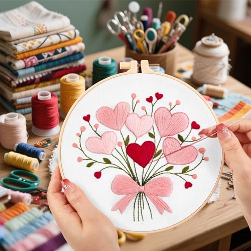 Image of Heart Flower Embroidery Kits for Beginners Adults, Pink Embroidery Starter Kits, Counted Cross Stitch Kits for Adults Anniversary Valentine's Day Gift, Embroidery Hoops, Fabric Thread & Video Tutorial