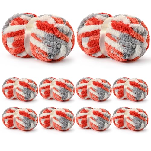 Image of 10 Pack Jumbo Chunky Yarn for Hand Knitting, Fluffy Variegated Chunky Chenille Yarn for Crocheting, 240yds /70.5oz Super Bulky Soft Crochet Baby Blanket Yarn(White-Grey-Orange)