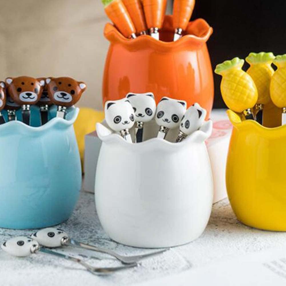 6 Pcs Cute Panda Fruit Forks Stainless Steel Dessert Forks Ceramic Forks Holder Set