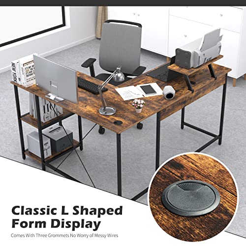 OUTFINE 55'' L Shaped Desk Corner Desk Double Computer Desk Home Office Gaming Workstation with Storage Shelves and Monitor Stand - Thumbnail 2