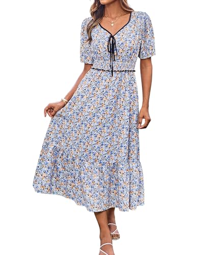 GRACE KARIN Women Summer Midi Floral Dress Short Sleeve V Neck Beach Dress Sun Dresses Blue Orange Flower L