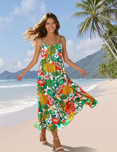 Image of YESNO Summer Bohemian Floral Dresses for Women Spaghetti Straps Maxi Dress Casual Flowy Dresses with Pockets ES0