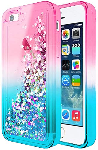 Nznd Case For Iphone 5C With Screen Protector (Hd Clear), Ring Holder/Wrist Strap, Sparkle Glitter Flowing Liquid Floating Waterfall Shiny Bling Girls Kids Women Cute Case -Pink/Aqua #TOP1