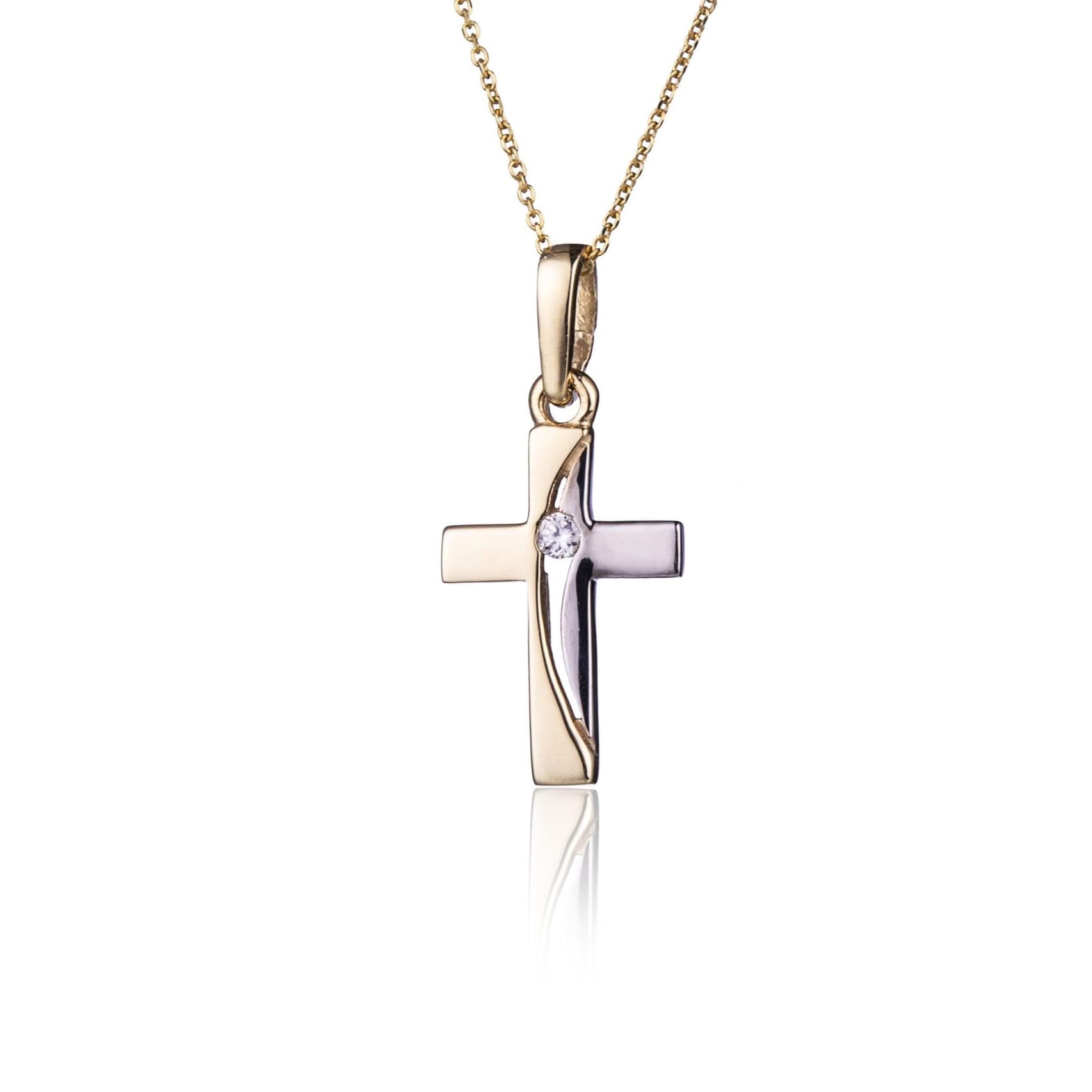 Sakrami Collana in Oro 9kt con Crocifisso Bicolore e Zircone Bianco Regalo perfetto per Bambina o Bambino Comunione Cresima e Battesimo con Scatola Personalizzabile - Gioiello con soggetto religioso