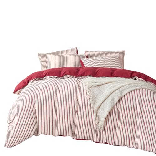 BUPIRD King Size Duvet Cover Striped Brick Red Washed Microfiber Jacquard 3 Pieces Red King Striped Bedding Sets with Zipper Closure & Corner Ties Lightweight Soft Comfort Breathable