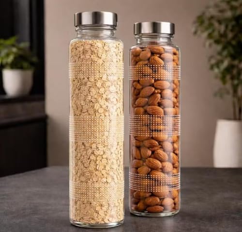 Image of 750 ML Glass Water Bottle with Stainless Steel Leakproof Lid | BPA Free Transparent Glass Bottle | Reusable Fridge Water Bottle for Home, Office, Gym & Travel | Wide Mouth Drinking Bottle (Pack Of 2)