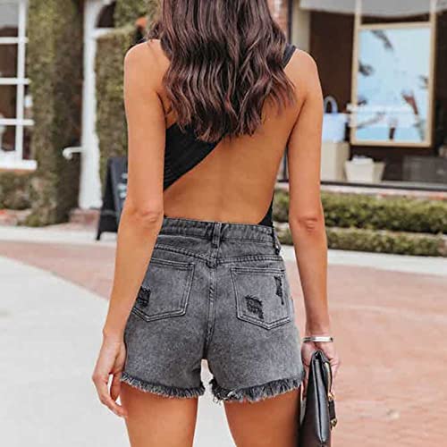 Women's Summer Casual Shorts Mid Waist Denim Shorts With Pockets #TOP1