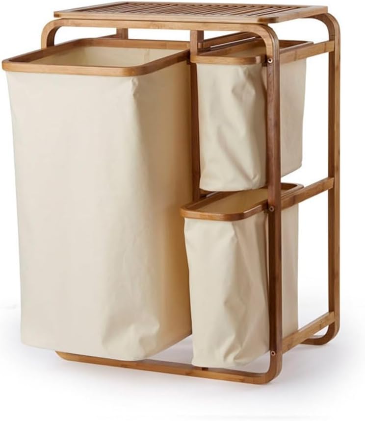 Bamboo and Non-woen Laundry Basket with 3 Collapsible Pull-Out Laundry Bags, Laundry Trolley on Wheels, Home Bathroom Laundry Organizer (Style 2) — 사진 1