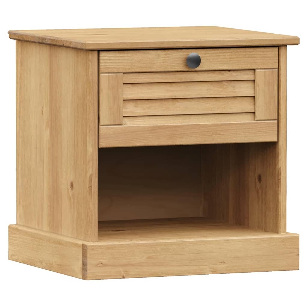 Mesa de noche VIGO 42 x 35 x 42 cm, madera de pino maciza, con cajón y estante de almacenamiento, mesa auxiliar de madera maciza duradera con mango de metal, diseño rústico