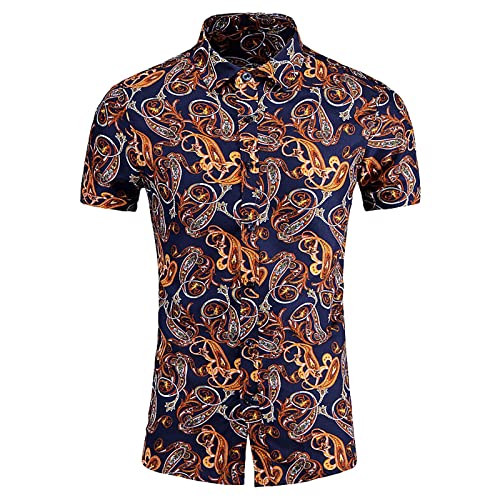 Camisa Hombre Manga Corta Slim Fit, Hawaiana Estampado Hawaiano Vintage Camisa Estampada Hombre Regular con Botones Camisas de Vestir con Bolsillo