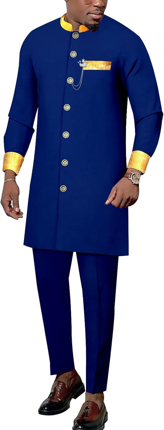 African Suits for Men Dashiki Jacket and Pants Set 3 Piece Outfit Formal Attire