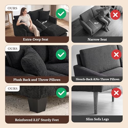 Image of Loveseat Sofa with Ottoman, Cloud 3-Layer Cushion, 27 inch Deep Seat Love Seat Small Couch with 2 Pillows for Small Spaces, Bedroom, Apartment, Office, Living Room, in a Box, 50-Inch Black