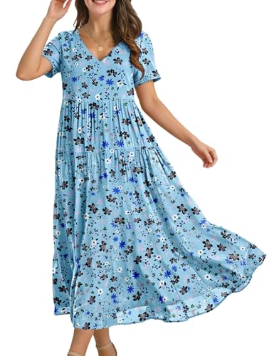 Image of YESNO Women's Summer Maxi Dresses Casual Floral Short Sleeve V Neck Boho Beach Vacation Swing Dress with Pockets EVF