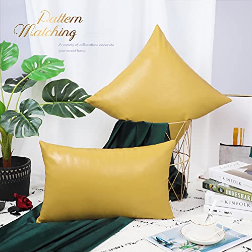 Image of BRAWARM Pack of 2 Cozy Throw Pillow Covers Cases for Couch Sofa Bed Solid Faux Leather Soft Luxury Cushion Covers Both Sides Home Decoration 16 X 16 Inches Primrose Yellow