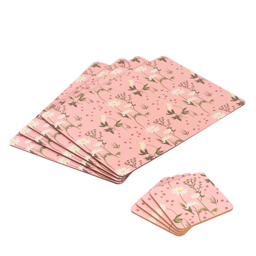 Yöl Pink 4 Floral Placemats & 4 Coasters - Dining Table Surface Protection Food Drink Cork Backing Non-Slip Worktop Saver