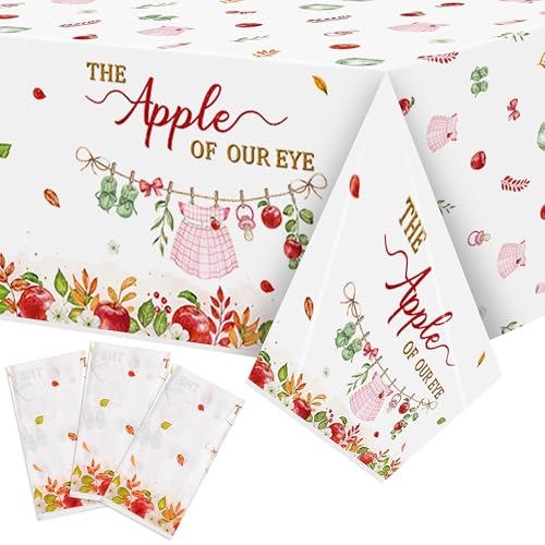 Image of K1tpde Apple Baby Shower Tablecloth - 3PCS Fall The Apple of Our Eye with Watercolor Flower Plastic Tablecloth, Disposable Sweet Baby Tablecover, Spring Floral Party Supplies for Birthday Decorations