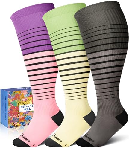 Wide Calf Compression Socks for Women - 3-Pair Plus Size 20-30mmHg Ankle Support Easy on off Socks for Travel Nurse
