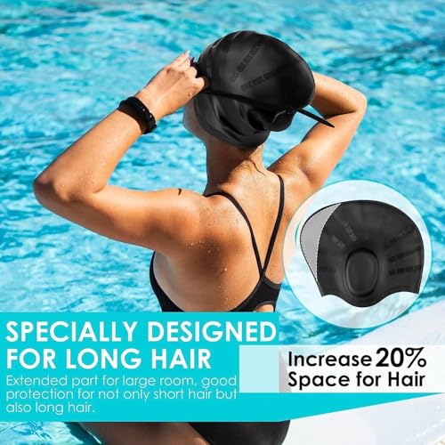 Image of TEKCOOL Designed Long Hair Swim Cap,Waterproof Silicone Swimming Cap for Adult Woman and Men,Keeps Hair Clean with Ear Protector Fresh Long Lasting Silicone Made Waterproof Swimming Cap(Black).