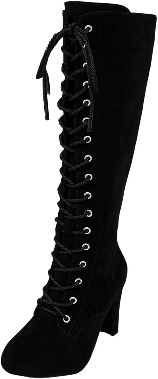 Womens Knee High Boots Ladies High Heeled Platform Lace Up Stretch Elasticated Calf Long Shoes Faux Suede Casual Pointed Riding Boots Ladies Fashion Winter Shoes for Evening Party Size 3-8