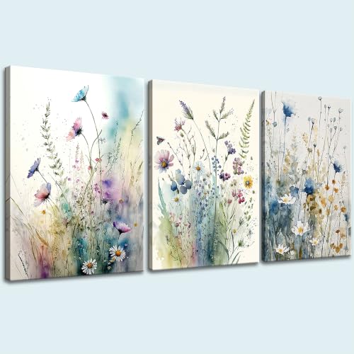 dgbtcart Watercolor Flower Canvas Wall Art Bathroom Decor Elegant Floral Wall Decor Colorful Botanical Painting Prints Flower Pictures for Living Room Bedroom Home Office Decoration 12"x16"x3pcs