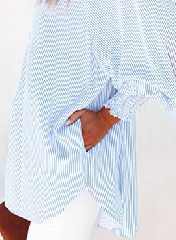 Xnova Gestreepte blouse voor dames met knopen, elegant katoenen T-shirt met lange mouwen, klassieke casual blouse met kraag en zak, hemd voor kantoor en werk, Groen, XXL