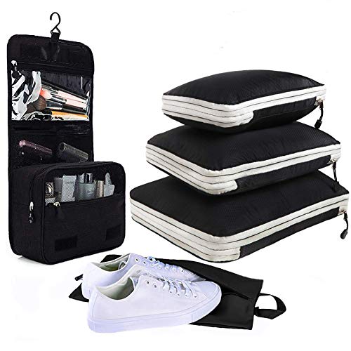 圧縮バッグ 超便利 5点セット 旅行 ファスナー圧縮 衣類スペース50%節約 トラべラブ 軽量 出張 便利グッズ 防水 収納バッグ 衣類仕分け 靴入れ 洗面用具入れ トイレタリーバッグ フック付き