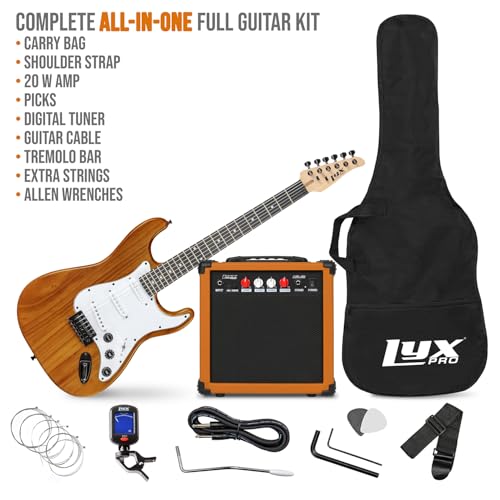 Image of LyxPro 39 inch Electric Guitar Kit Bundle with 20w Amplifier, All Accessories, Digital Clip On Tuner, Six Strings, Two Picks, Tremolo Bar, Shoulder Strap, Case Bag Starter kit Full Size - mahogany