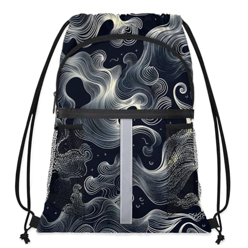 Vintage Pattern Drawstring Backpack Waterproof String Bag Sackpack Abstract Style Cinch Sack for Traveling Gym Sports with Mesh Pockets
