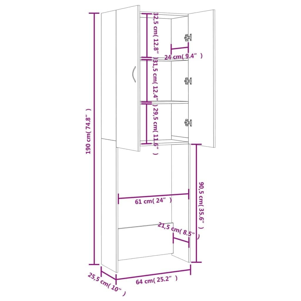 vidaXL Armario para Lavadora, Blanco, 64x25,5x190 cm, Madera de ingeniería, Mueble para lavandería con 2 Puertas y 3 Compartimentos, Estantería de baño, Mueble para el hogar