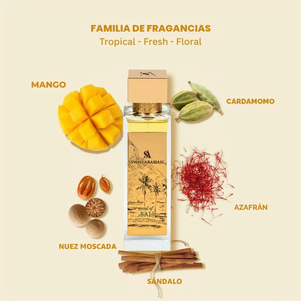 Swiss Arabian Soul of Bali Extrait Spray Unisex 100 ml – Perfume de lujo de larga duración para hombre y mujer – Fragancia exótica con notas florales orientales – Fragancia firma para día y