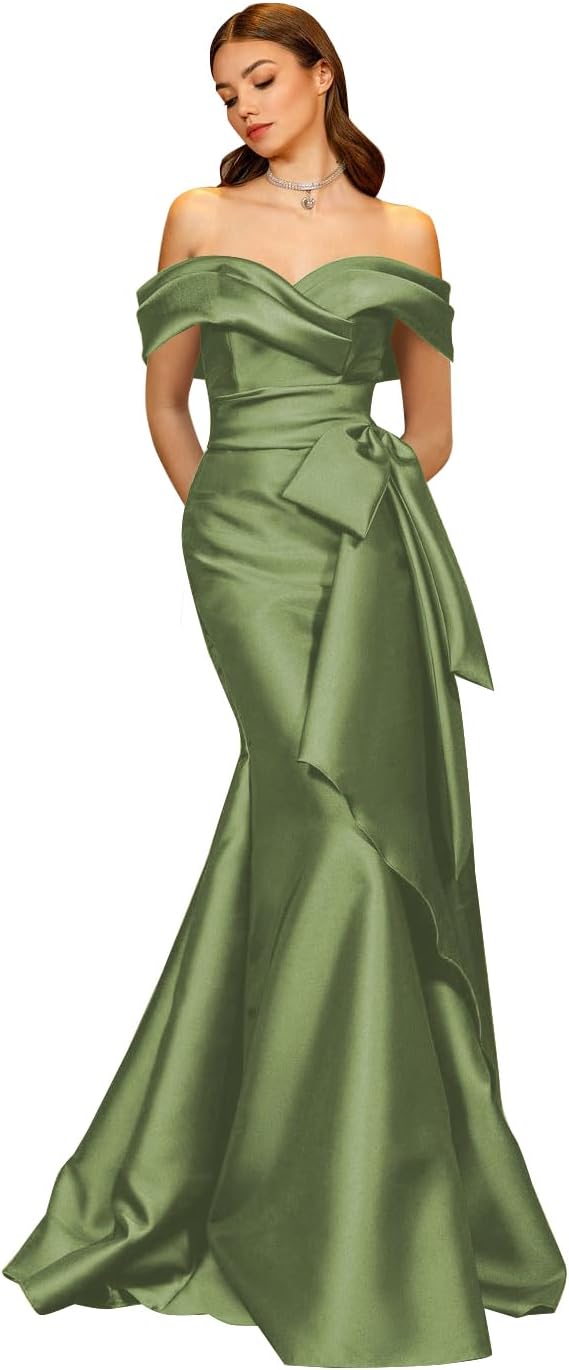 Fokissy Mermaid Satin Prom Dresses for Women Off The Shoulder Evening Dresses with Big Bow