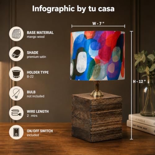 Image of tu casa Mango Wood Table Lamp Fabric Shade Bedroom, Living Room, Console