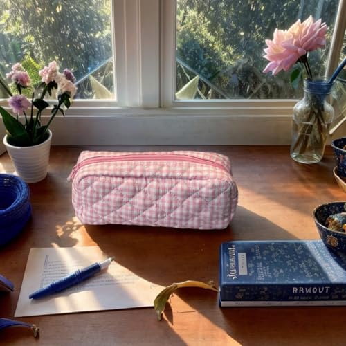 Image of Cute Pencil Case Floral Quilted Pouch Makeup Bag (Pink, Small)