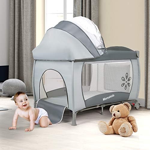 Hadwin Travel Cot with Mattress and Toys, 2 in 1 Baby Crib, Portable&Foldable Infant Baby Playpen, Entryway with Mosquito Net and Carry Bag, Boys and Girls, (Grey)