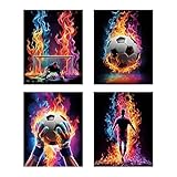 Fychuo 4 Stück Fußballthema WandBilder, Leuchtendes Neon Fußball Poster, Modern Stilvolle Jugendzimmer Deko Jungen, Wandbilder Set für Fußballfans, Fußball Fan Clubs & Sportbars, 30×20 CM