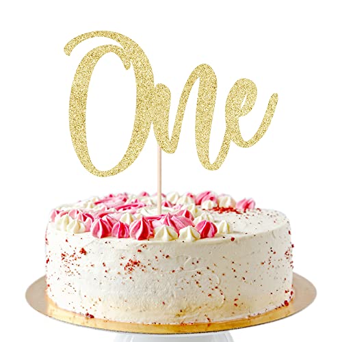 AROKIPPRY First Birthday Cake Topper - Glitter One Sign 1st birthday Cake Decorating Supplies - for Baby Shower Favors, Baby Gender Reveal, Baby Birthday Party (Gold)