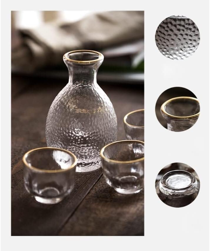 Glass Sake Set of 6 Pieces,350Ml Sake Bottle and 4 Sake Cups 1 Sake Tank,Cold/Warm/Hot Sake Carafe Home Decor Crafts (B)