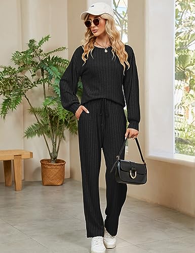 Image of Blooming Jelly Women Ribbed Long Sleeve Pajama Sets Fall Loungewear Pockets