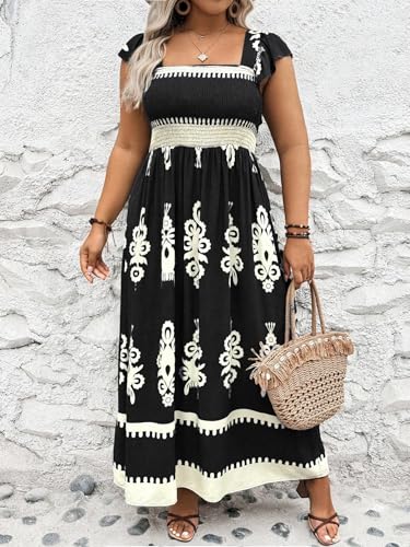 SHENHE Women's Plus Size Square Neck Tie Back Smocked Flutter Sleeve Flowy Maxi Boho Dress4