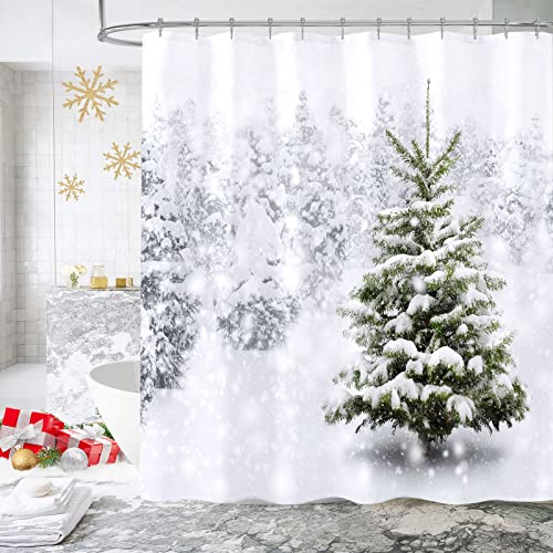 Mitovilla Weihnachten Duschvorhang Set, Weiß Xmas Duschvorhänge für Badezimmer Dekor, Weihnachtsbaum Standard Duschvorhang, Xmas Pine Schnee Urlaub Winter Tuch Duschvorhang 72 × 72 Cover
