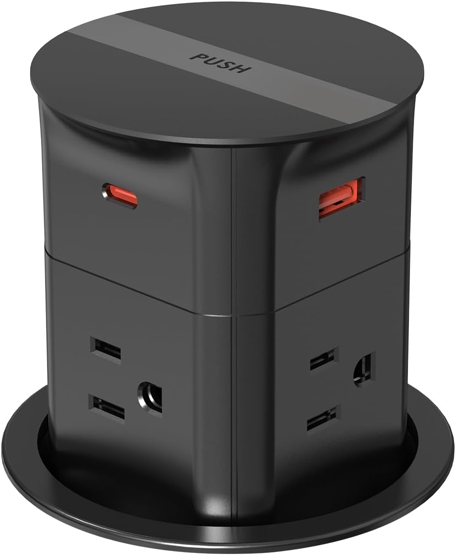 ANNQUAN Automatic Pop Up Outlet for Countertop,20W USB-C Fast Charging Power Station,3.15" Kitchen Island Pop Up Electrical Outlet,4 Outlets,4 USB,Office Power Supply,6ft Cord(Black)