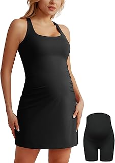 Maternity Tennis Dress with Shorts and Built in Bra Scoop Neck Sleeveless A-line Workout Golf Dress with Pockets - Buy now